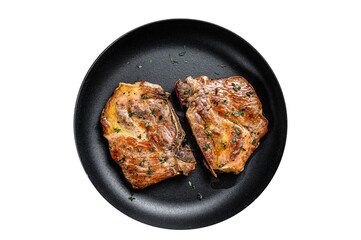 Fried pork loin steaks in a pan.  Isolated, transparent background.