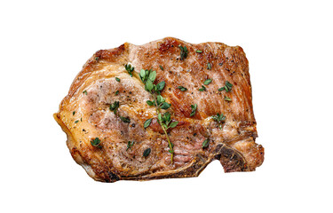 Grilled pork loin steak on a marble board. Isolated, transparent background.