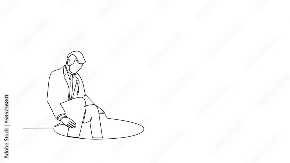 Poster self drawing animation of single line draw businessman descends into hole. concept of failure to tak