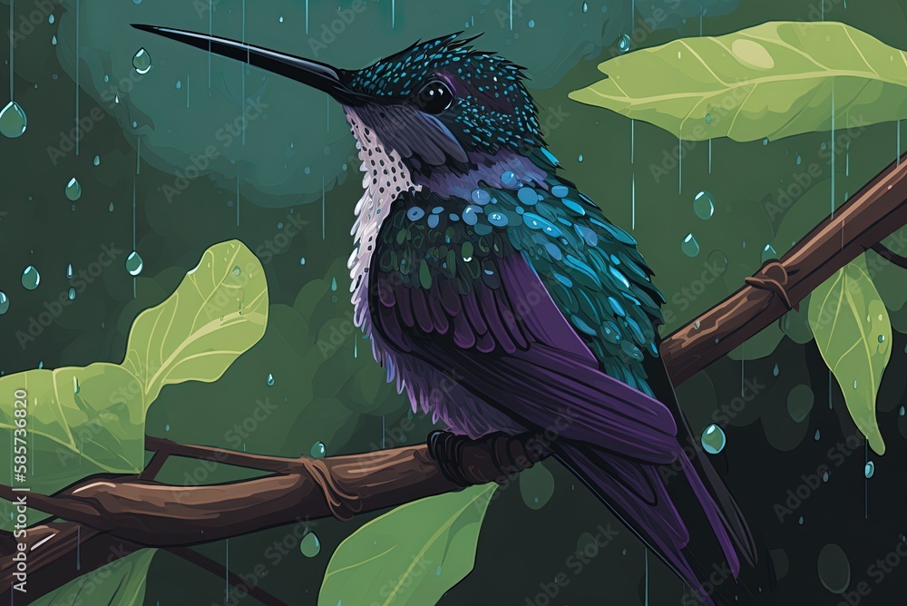 Poster image of a rainy scene with a closeup of an indigo-capped hummingbird sitting on a tree limb generat