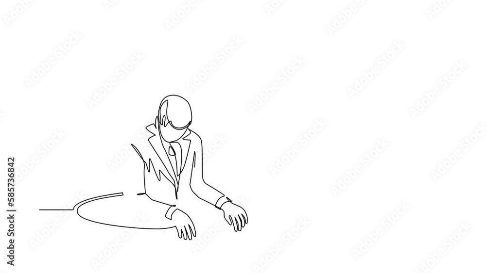 Poster animated self drawing of continuous line draw businessman trying to get out of from hole, metaphor t