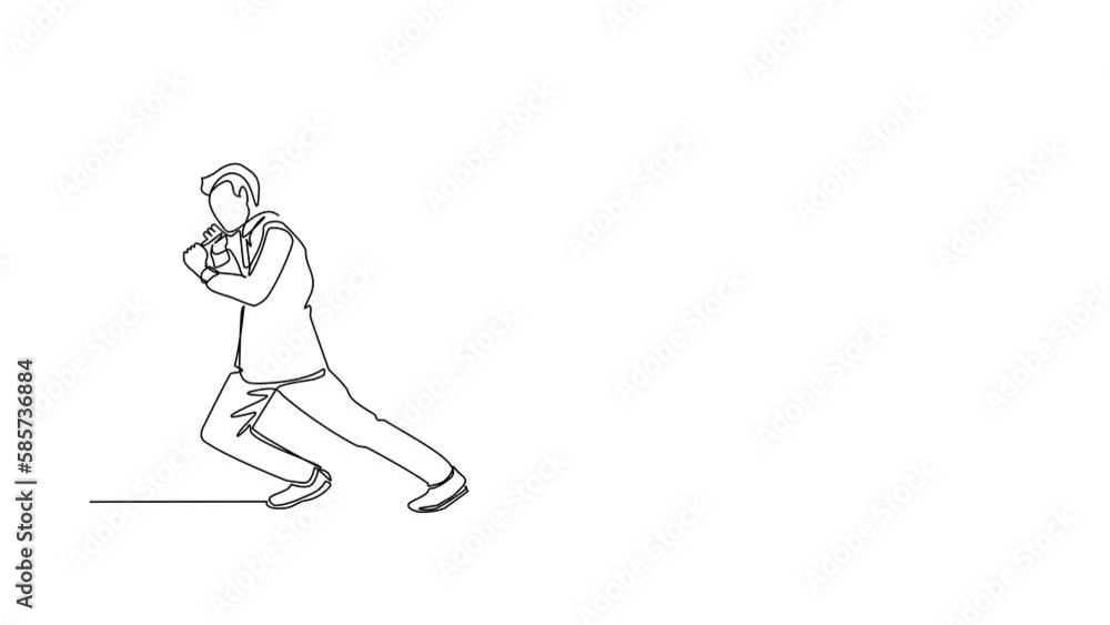Poster animated self drawing of continuous line draw businessman trying hard pulling rope to drag something