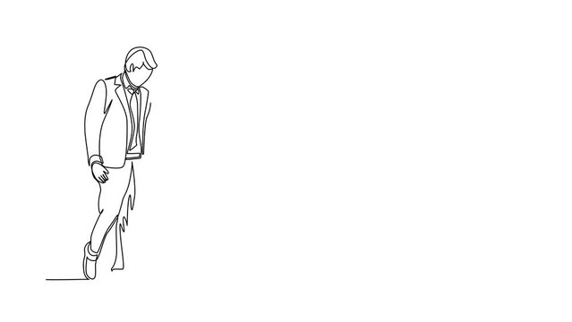 Animated self drawing of single continuous line draw businessman looking at black hole. Man wondering looking at big hole, business concept in opportunity, challenge. Full length one line animation