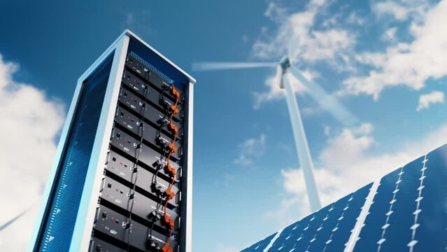 The video shows the energy storage system in lithium battery modules, complete with a solar panel and wind turbine in the background. 3d rendering.