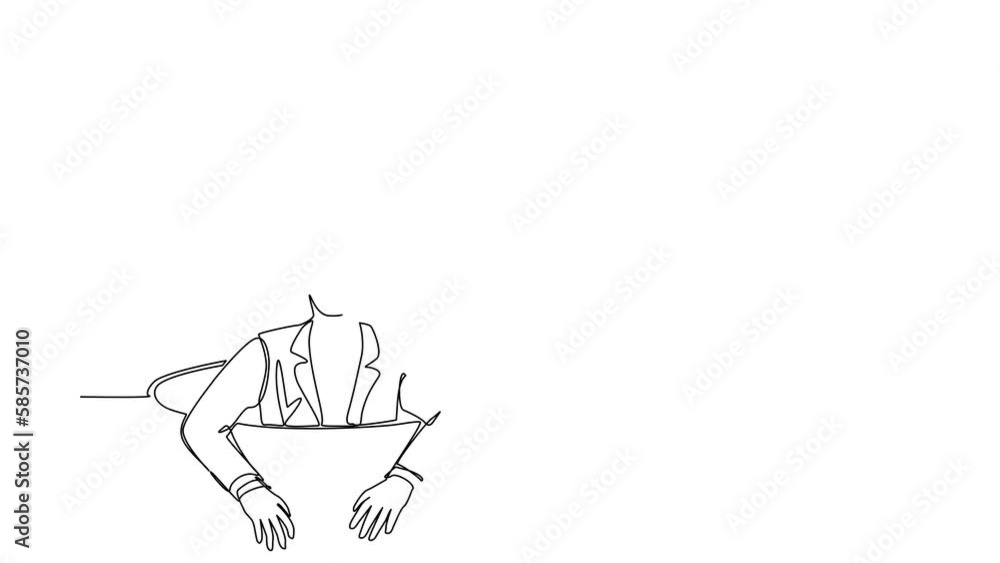 Poster animated self drawing of continuous line draw businessman trying to get out of from hole, metaphor t