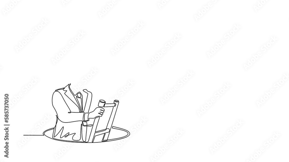 Poster self drawing animation of single line draw businessman climbs out of hole by ladder, using binocular