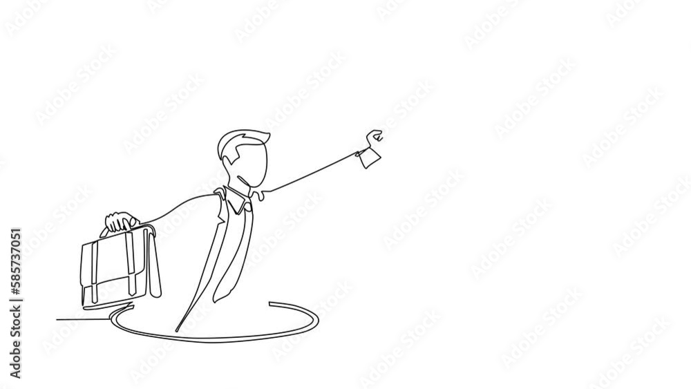 Poster animated self drawing of continuous line draw flying businessman with wing briefcase coming out of h