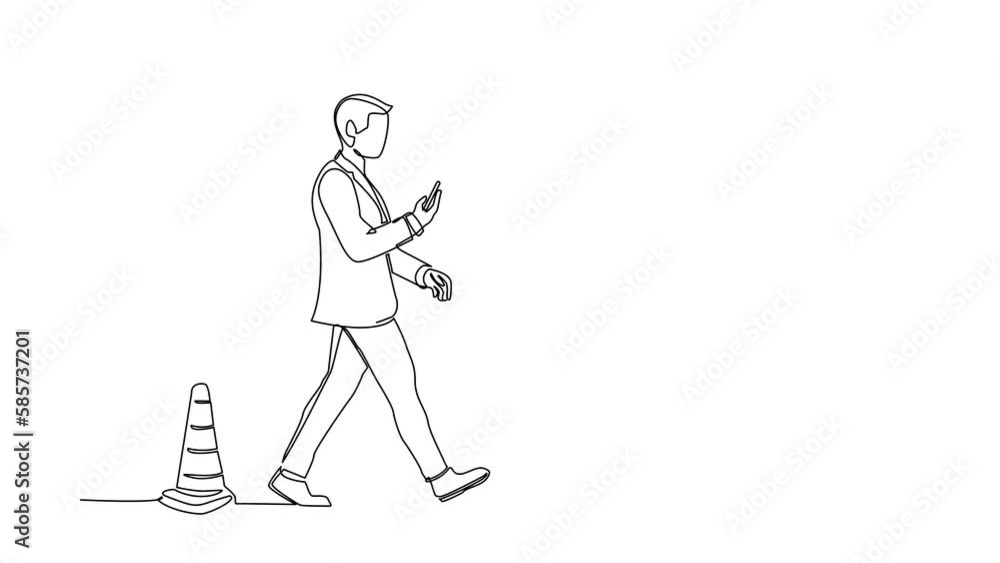 Poster self drawing animation of single line draw businessman character going on street watching by smart p