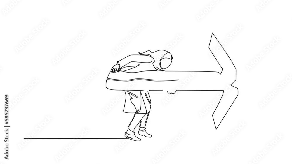 Poster self drawing animation of single line draw arabic holding large log destroying door. overcome challe