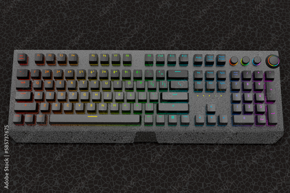 Poster realistic computer keyboard with black chrome texture isolated on black