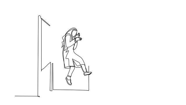 Animated self drawing of continuous line draw Arabian get kicked out of door. Dismissed from her job. Unemployment business concept. Boss kicks unnecessary employee. Full length one line animation