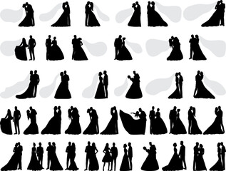 silhouette of bride and groom, men and women, vector set