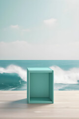 illustration 3D rendering of an abstract podium. Pedestal stage for demonstrating product design Empty storefront promotion mockup Minimal round scene from iridescent sea blue backgroud Generative AI