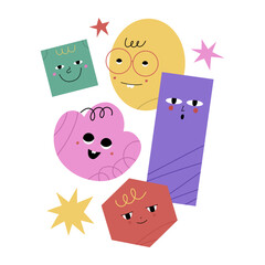 Abstract geometric characters composition. Basic figures with cute faces, funny graphic emoji. Modern childish print. Poster or banner. Isolated figure objects. Vector cartoon doodle illustration