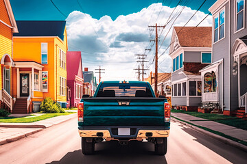 Back view of new model pickup truck driving through town. Generative AI - obrazy, fototapety, plakaty