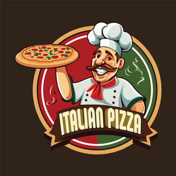 Italian pizza logo with a chef holding a pizza