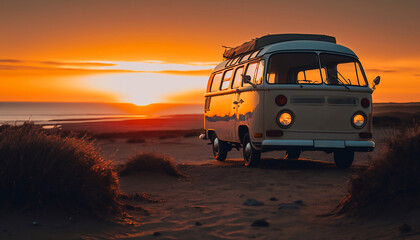 Fototapeta na wymiar Camper van at sunset on beach. Generative AI