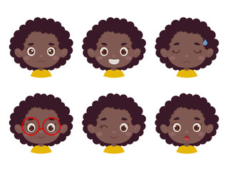 Cute cartoon little kid african girl in various expressions and gesture. Cartoon child character showing different emotions. Vector illustration