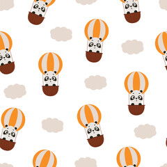 Cute little panda flying on hot air balloon seamless childish pattern. Funny cartoon animal character for fabric, wrapping, textile, wallpaper, apparel. Vector illustration