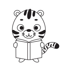 Coloring page cute little tiger reads book. Coloring book for kids. Educational activity for preschool years kids and toddlers with cute animal. Vector stock illustration