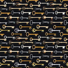 Vintage seamless pattern with different antique keys in gold and silver metal on black background.