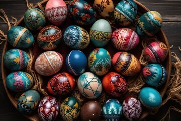 basket overflowing with vibrant, hand-painted Easter eggs. Generative AI