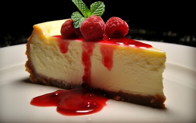 Piece of cheesecake with berries on a plate. Generative AI technology.