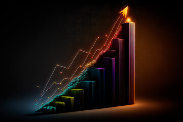 Positivity in Color: A Vibrant Histogram with Golden Arrow pointing Right on Black Background - obrazy, fototapety, plakaty