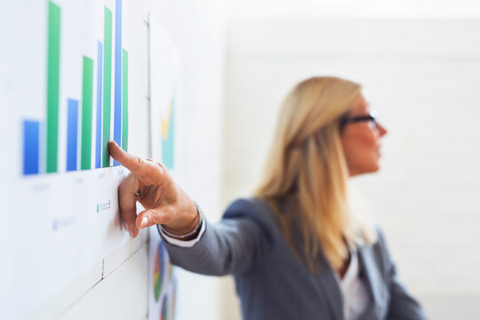 Woman giving presentation about companies sales statistics