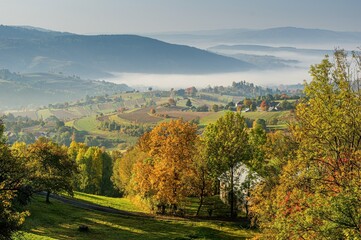 Autumn landscape with village, Slovakia. Tourism in nature, healthy lifestyle. © Ivan