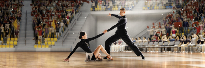 Dance competition. Young man and woman, beautiful tango dancers making artistic performance,...