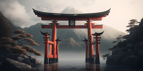 Floating torii on Miyajima, Japan, captured in the rain and fog. Generative AI
