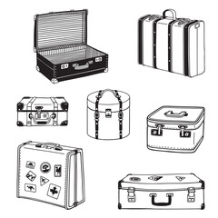Set of retro suitcases. Vector graphics. Freehand drawing.