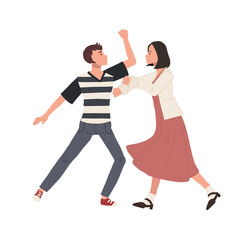 happy dancing people , male and female dancing together. man and woman enjoying dance party. Flat vector cartoon illustration