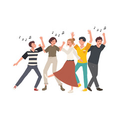 people dancing, having fun together. Young men and women characters group, celebrating event with joy. Flat vector cartoon illustration