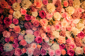 Pink roses, hydrangeas and peonies twined side by side. Generative Ai