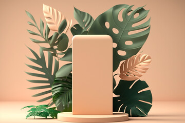 Stone podium, cosmetics stand with green palm leaves on brown beige background, modern mockup for merchandise. Generative AI.