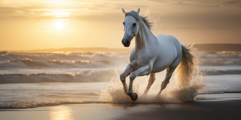 Obraz na płótnie Canvas White horse galloping over the beach at sunset, running stallion landscape, generative ai