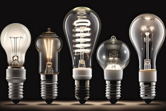 One row of the evolution of electric light bulbs glowing on a black background,Generative AI.
