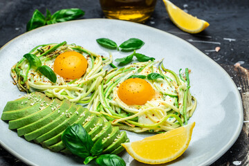 Plate with a keto diet food. paleo keto breakfast fried eggs, zucchini and avocado. Keto, paleo breakfast. Top view, copy space