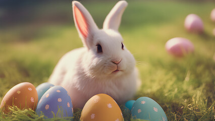 Baby bunny with colorful Easter eggs Generative AI Art