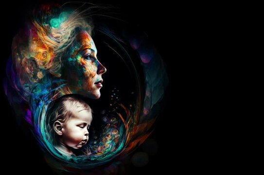 Young mother holding her baby on a black background. Colorful motherhood conception. Child protection concept. Love and family background.