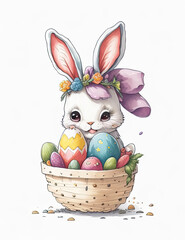 Watercolor spring illustrated postcard of cute bunny with easter eggs. Generative AI. Happy Easter