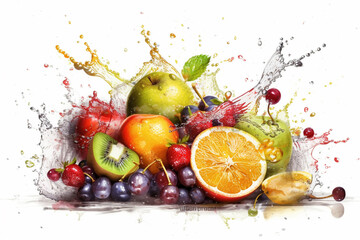 Fototapeta na wymiar Fresh fruits - oranges, kiwis, apples, and grapes - in a splash of water, creating a refreshing and vibrant image. Ai generated