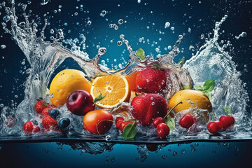 Fototapeta premium Fresh fruits - oranges, kiwis, apples, and grapes - in a splash of water, creating a refreshing and vibrant image. Ai generated