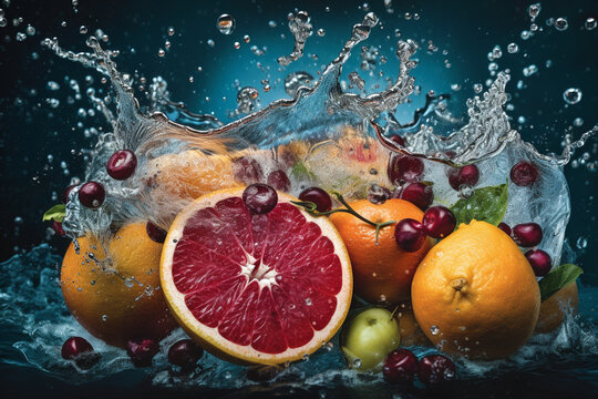Fresh fruits - oranges, kiwis, apples, and grapes - in a splash of water, creating a refreshing and vibrant image. Ai generated © twindesigner