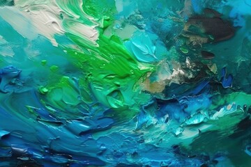 an abstract painting with blue, green and white color scheme. Generative AI