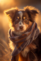 Portrait of a cute dog in a scarf on a walk. AI generated