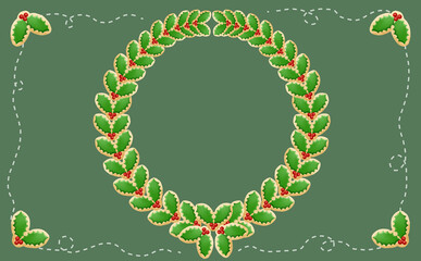 クリスマス☆ミシン目入りイラスト素材 柊のリースのアイシングクッキー グリーン背景 色違い・差分有