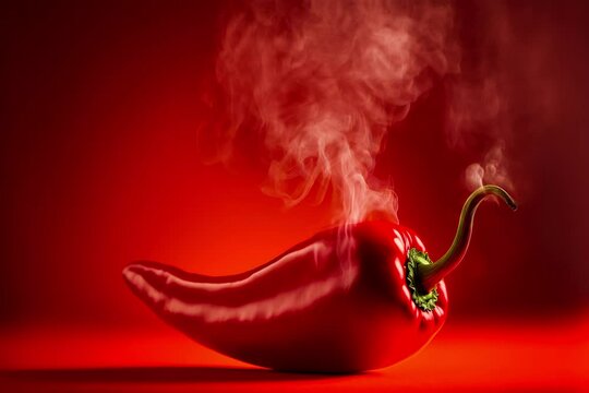 Red hot chili pepper with a smoke from it on a red background. Spicy and hot concept. Food, cooking or spicy hot design element or background with copy space.